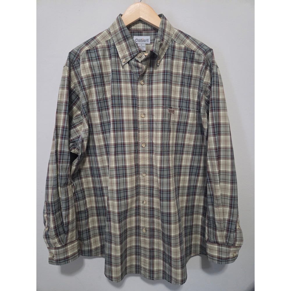 Carhartt Mens Large Plaid Button Down Shirt Long Sleeve Cotton Tan Blue Red